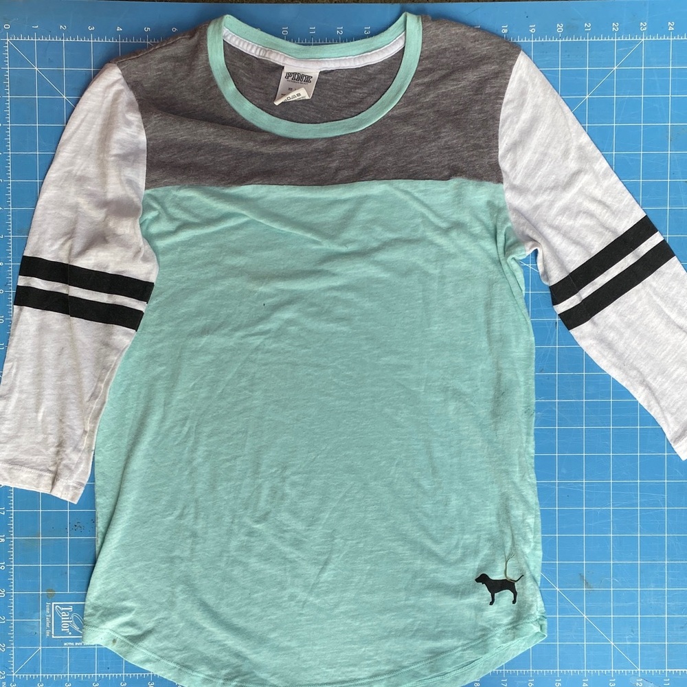 PINK Victoria's Secret Aqua and Charcoal Long Sleeve Tee
